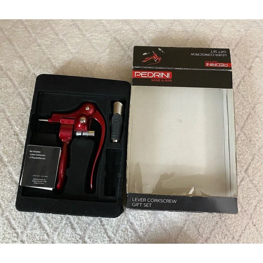 Pedrini Wine & Bar Lever Corkscrew Gift Set With Box Missing 1 Of The 2 Pourers